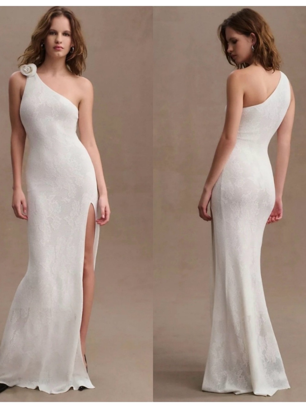 Ronny Kobo Collection One-Shoulder White Lace Gown with Rosette and Side Slit